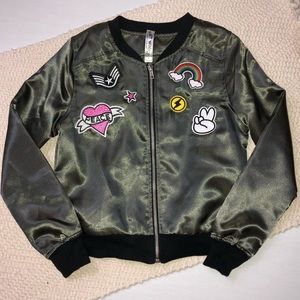 Girls Olive Green Bomber Jacket with Patches
